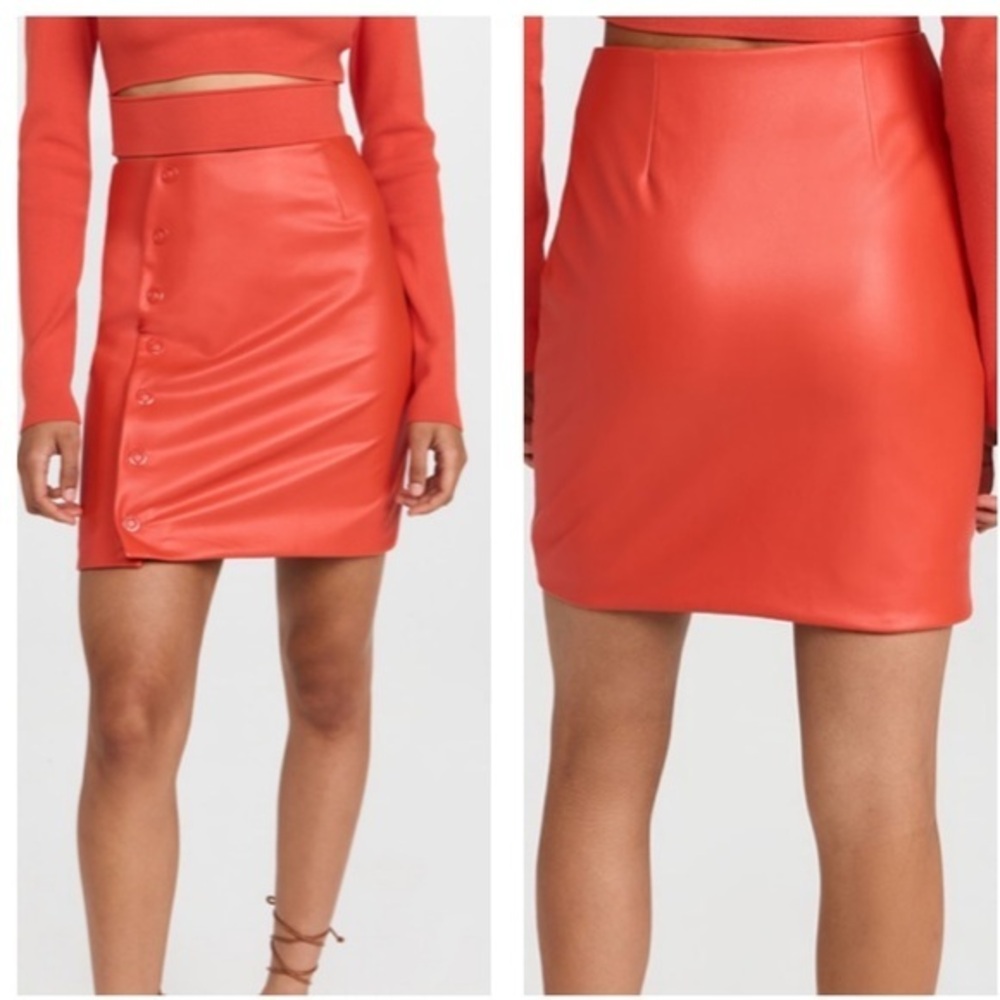 Sally LAPOINTE NWT 0‎ Poppy Red Orange Faux Leather Snap Front Mini Skirt